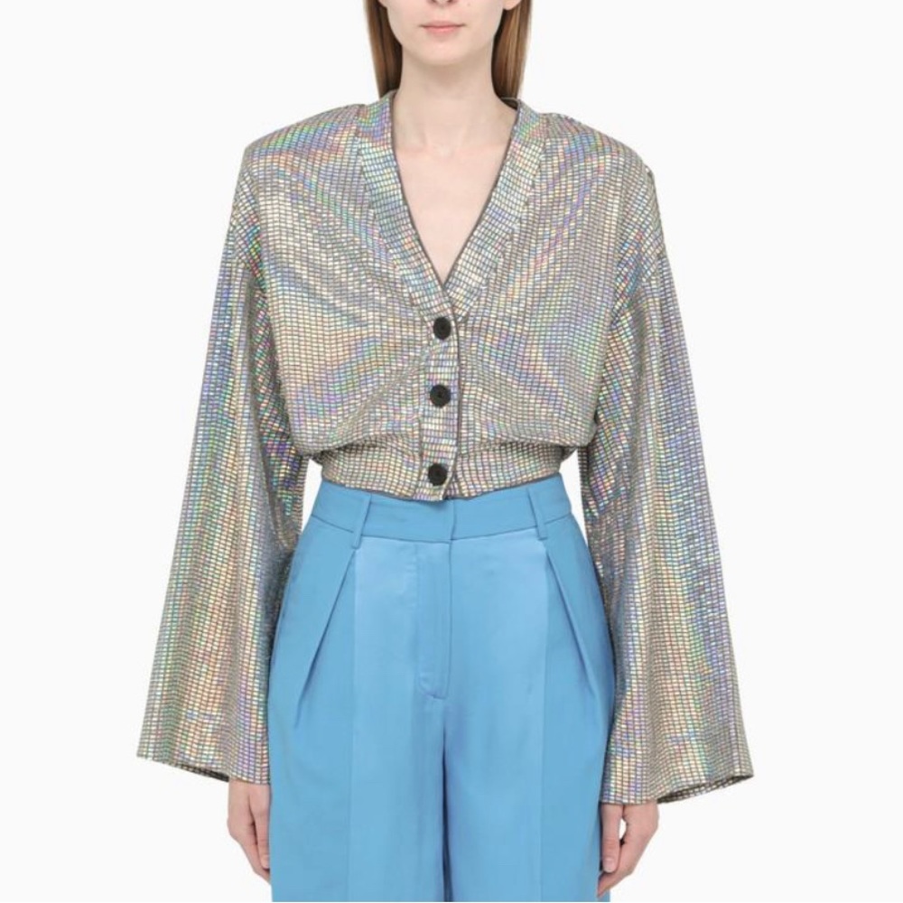 ROTATE BIRGER CHRISTENSEN SILVER KRITINIA SEQUINNED CARDIGAN size 4